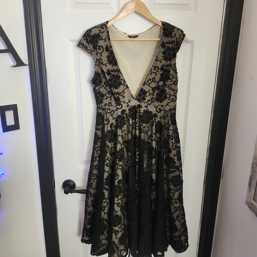 Black Lace & Nude Fit & Flare Dress - Size M / UK 12